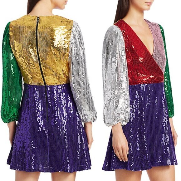 Alice + Olivia Blaze Colorblock Sequin Mini Dress Puff Sleeve Wrap Fit and Flare - Picture 2 of 12